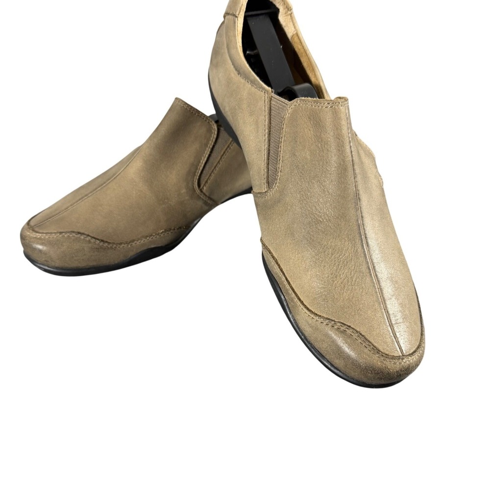 Taos Womens Leather Slip On Loafers Taupe Brown Comfort Shoes Side Button Detail